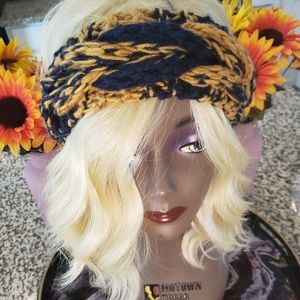 knitted braided headband (blue and gold color)